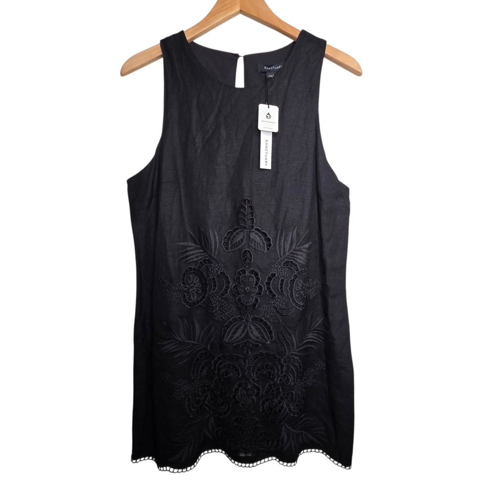 NEW Sanctuary Black Linen Blend Embroidered Scalloped Hem Lined‎ Shift Dress L